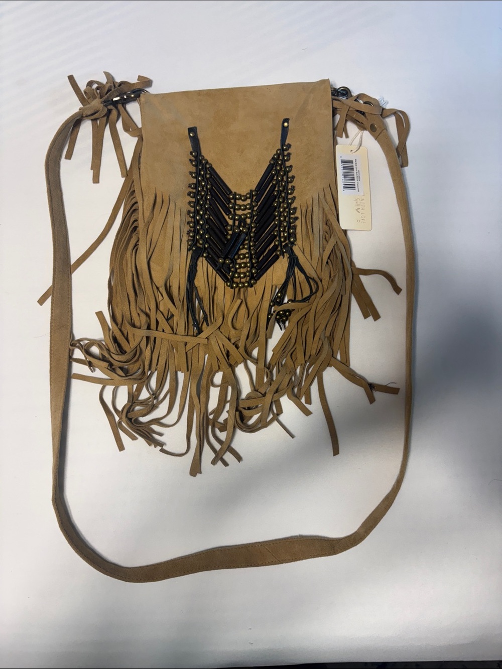 Spell Tan Fringe Crossbody with Black Bead Accent